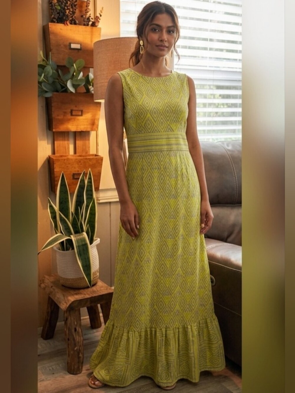 Taylor Chartreuse Geometric Tiered Maxi Dress